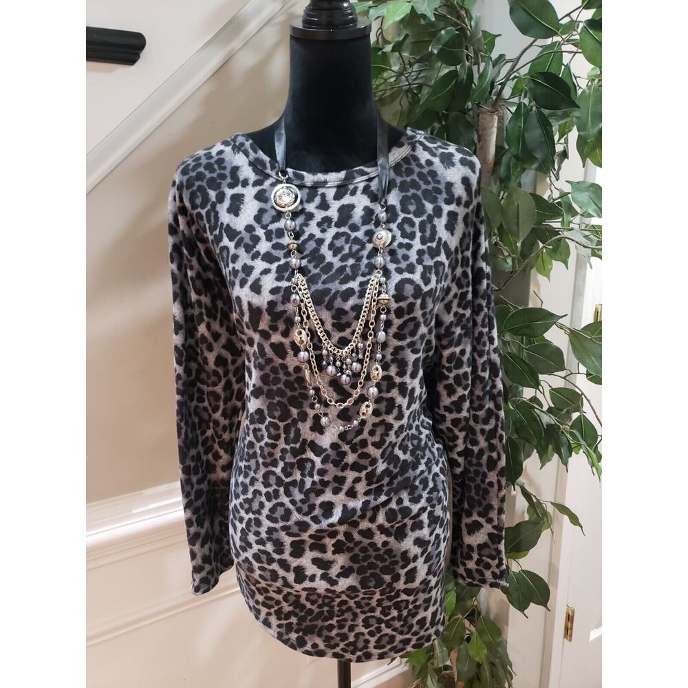 Heather Women's Black & Gray Modal Round Neck Long Sleeve Top Blouse Size Medium
